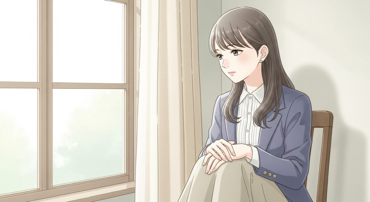 喧嘩別れ後にひとり考え込む日本人女性が、窓辺で穏やかな表情を浮かべている落ち着いたイラスト