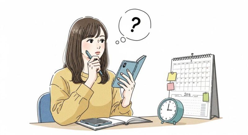 カレンダーと時計を見ながら思案する日本人女性のイラスト