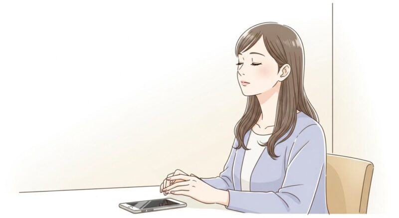 スマートフォンを机に置いた女性が、静かに自分の内面を見つめるように座っている場面