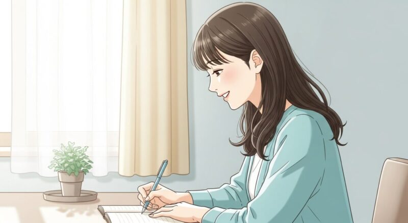 日記を書く日本人女性が、微笑みながら机に向かうイラスト