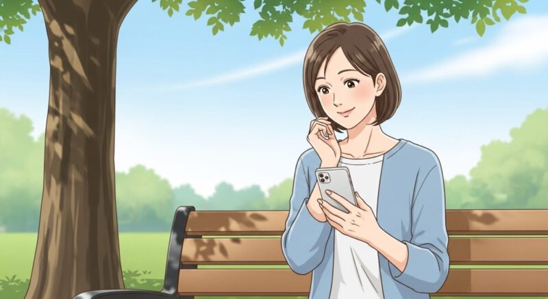 公園のベンチでひとり座る女性が、スマホを見ながら小さく頷く様子のイラスト