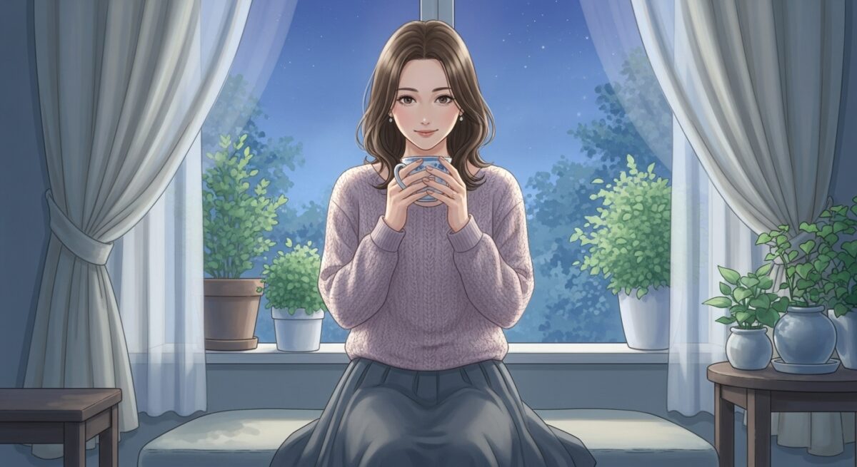 １ヶ月の冷却期間を経て、穏やかな表情で窓辺に座る日本人女性の繊細なイラスト