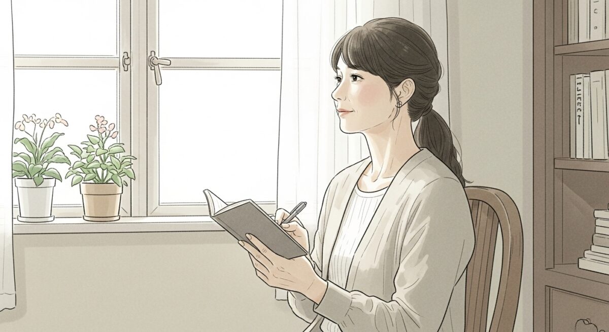 窓辺に座り、心を整理するために静かに物思いにふける日本人女性のイラスト。落ち着いた色合いで、温かな光が差し込む雰囲気。