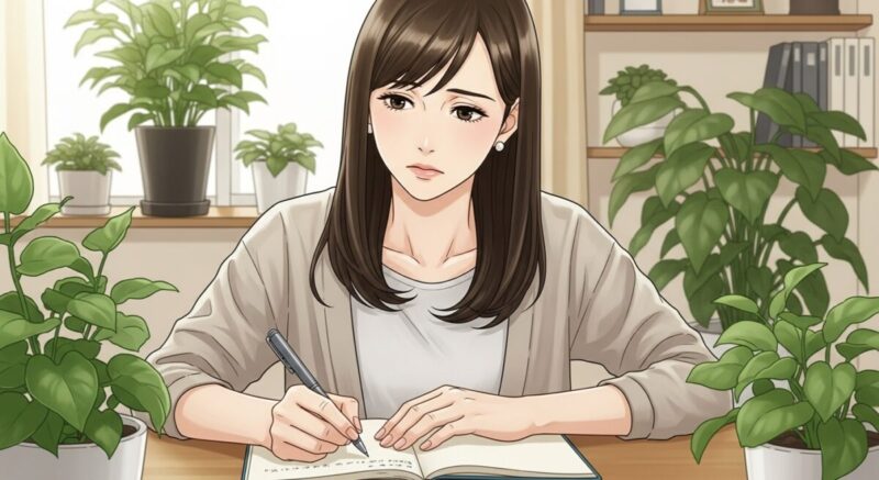 机に向かって静かにノートへ感情を書き出す日本人女性のイラスト。