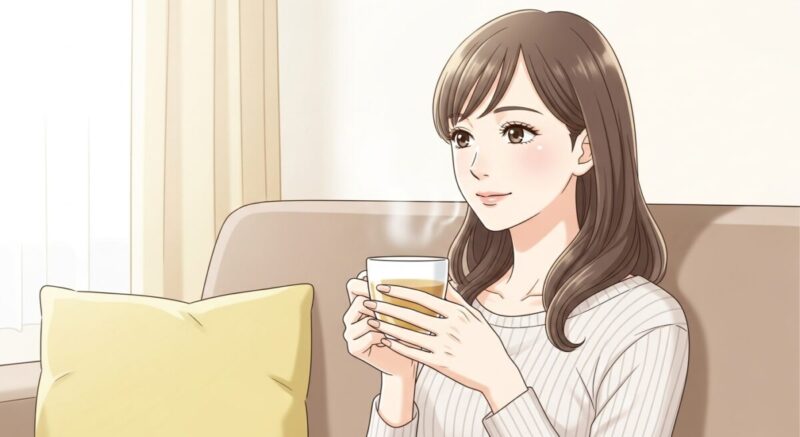 リビングでお茶を飲みながら自分を労わる日本人女性のイラスト。
