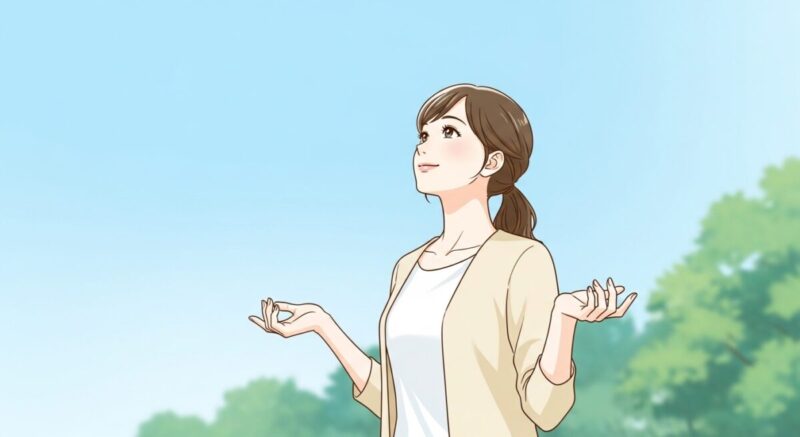 晴れやかな表情で未来を見つめる日本人女性のイラスト。