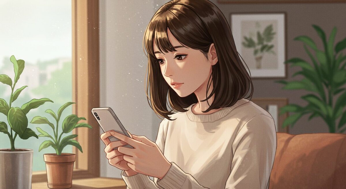 窓辺に座り、スマホを見つめながら少し切なげな表情を浮かべる日本人女性。やわらかな光が差し込む室内で、落ち着いた色合いの服を着ている。