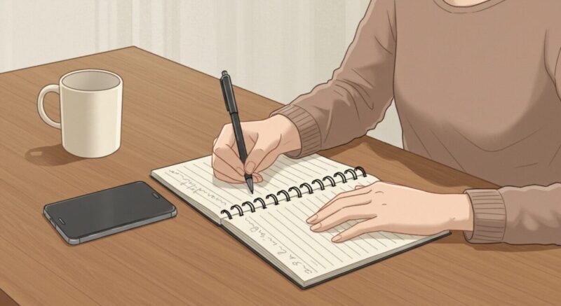 復縁の可能性を考えながら、ノートにペンを走らせて思考を整理する日本人女性。