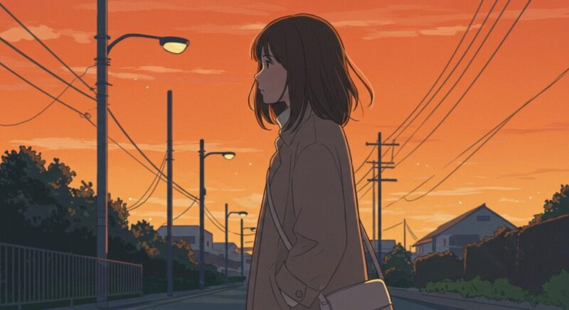 相手の気持ちを想像しながら、夕暮れの街を歩く日本人女性。