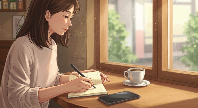 カフェの窓際で手帳を見ながら冷却期間の計画を立てる日本人女性。