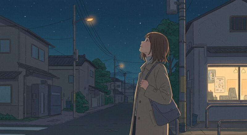 偶然の再会を想像しながら、街角で立ち止まる日本人女性。