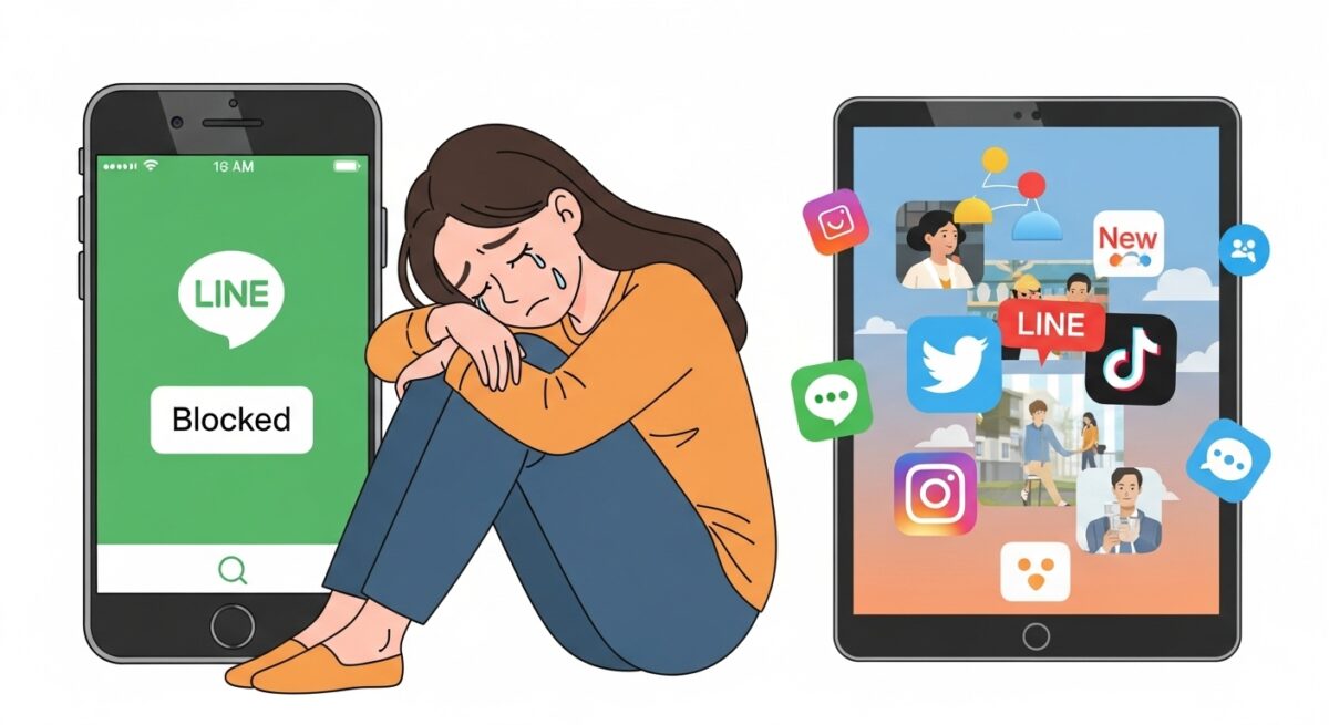 LINEでブロックされ傷つきながらもSNSを見て可能性を感じる女性のイラスト