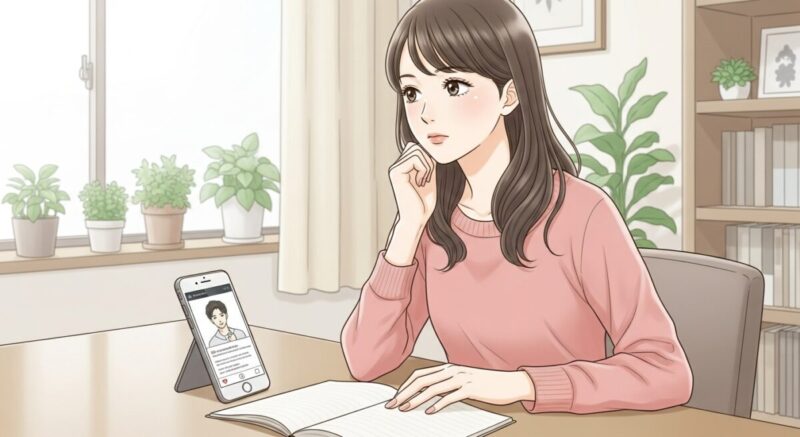 統計やSNSを参考にしながら次の行動を考える女性のイラスト