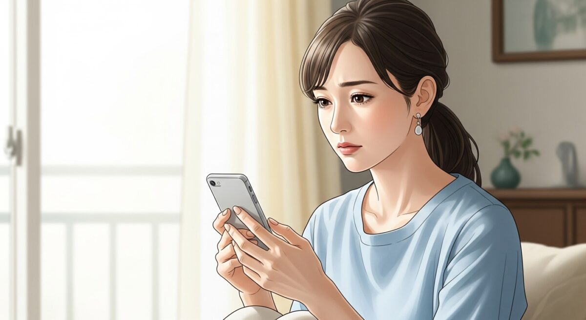 窓辺に座り、スマホを見つめながら少し不安そうに考え込む日本人女性。落ち着いた色調で描かれた繊細なイラスト。