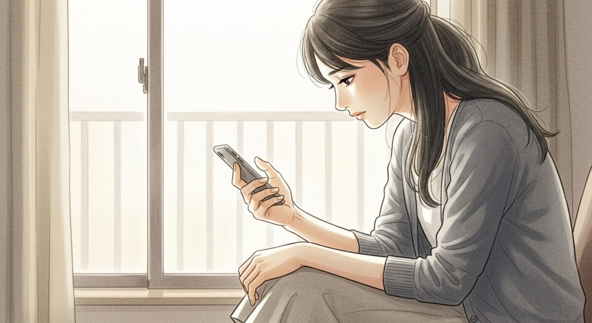 ブロックされた彼との関係に悩む日本人女性が、夕暮れの部屋でスマホを見つめる繊細なイラスト