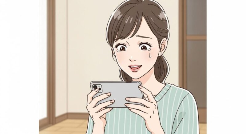 スマホを手に驚きと喜びが入り混じった表情を見せる日本人女性。