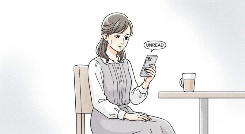 スマホの未読表示を見つめて思い悩む日本人女性が、静かな部屋で一人座っている様子のイラスト