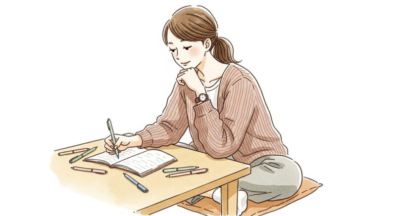 落ち着いた部屋でノートを書きながら、自分磨きに取り組む日本人女性の穏やかな表情を描いたイラスト