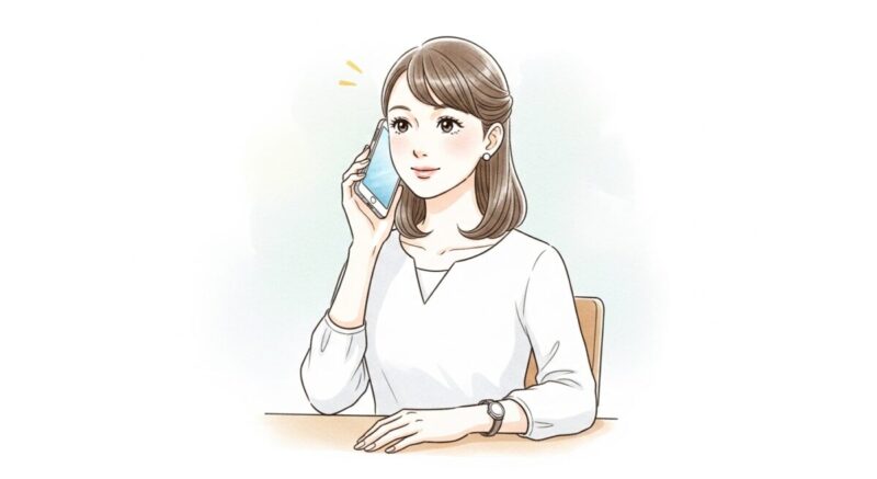 電話相談中の日本人女性が、静かに耳にスマホを当てながらうなずくシーンの落ち着いたイラスト