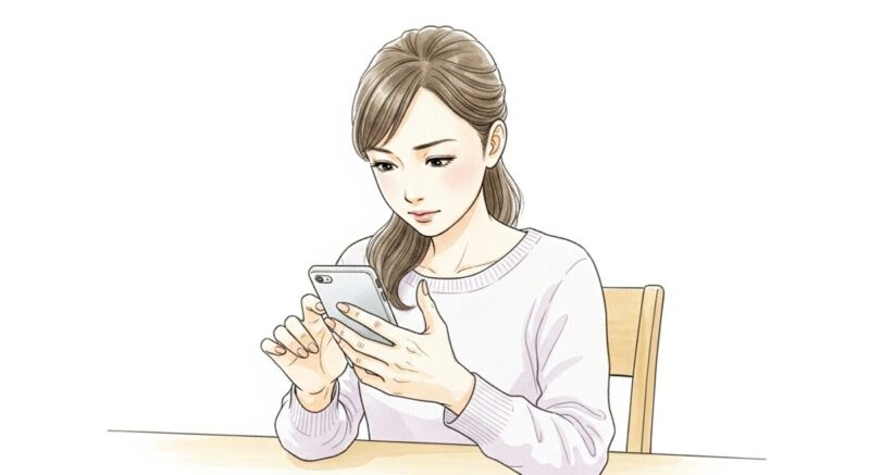 スマホのメッセージ入力画面を見つめながら、慎重に送信しようとする日本人女性の真剣な表情のイラスト