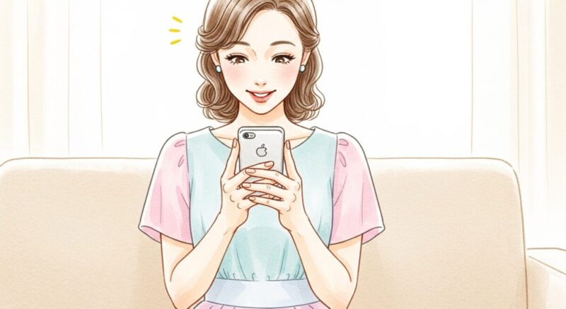 返信を受け取って微笑む日本人女性がスマホ画面を見つめる、復縁への喜びを描いたイラスト