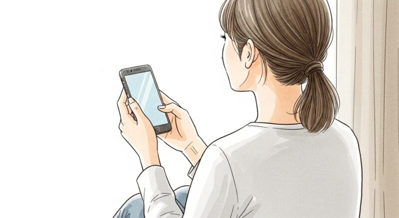 落ち着いた表情でスマホを操作しながら、未来を見据える日本人女性の後ろ姿のイラスト