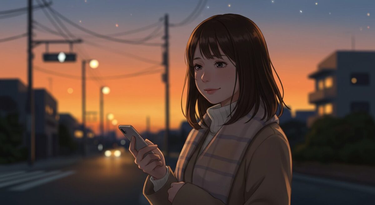 夕暮れの街並みを背景に、スマホを手に立ち止まり、少し切なげな笑みを浮かべる日本人女性。過去を思い返しながらも前を向こうとする瞬間を切り取ったイラスト。
