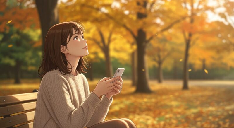 公園のベンチに腰掛け、スマホを両手で握りしめながら空を見上げる日本人女性。秋の柔らかな光に包まれ、考え込む表情が印象的