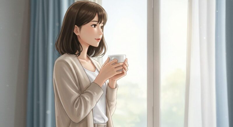 室内の窓辺に立ち、カップを片手に外を見つめる日本人女性。優しい光が差し込み、落ち着いた空気感が漂う。
