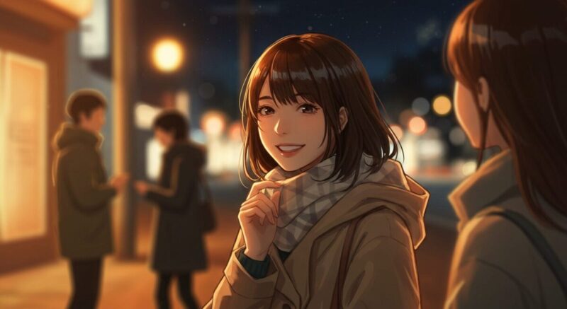 夜の街角、友人たちと立ち話をしながら笑顔を見せる日本人女性。背景の街灯が暖かく照らす。