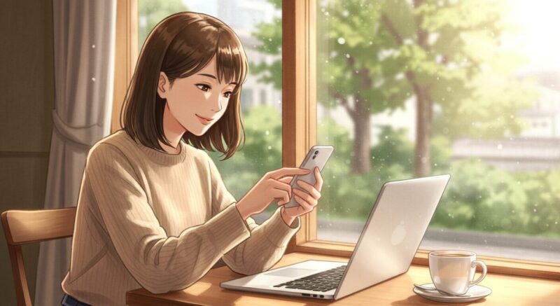 カフェの窓際席でノートパソコンを開きながらSNSを眺める日本人女性。ほっとした笑みが浮かぶ。