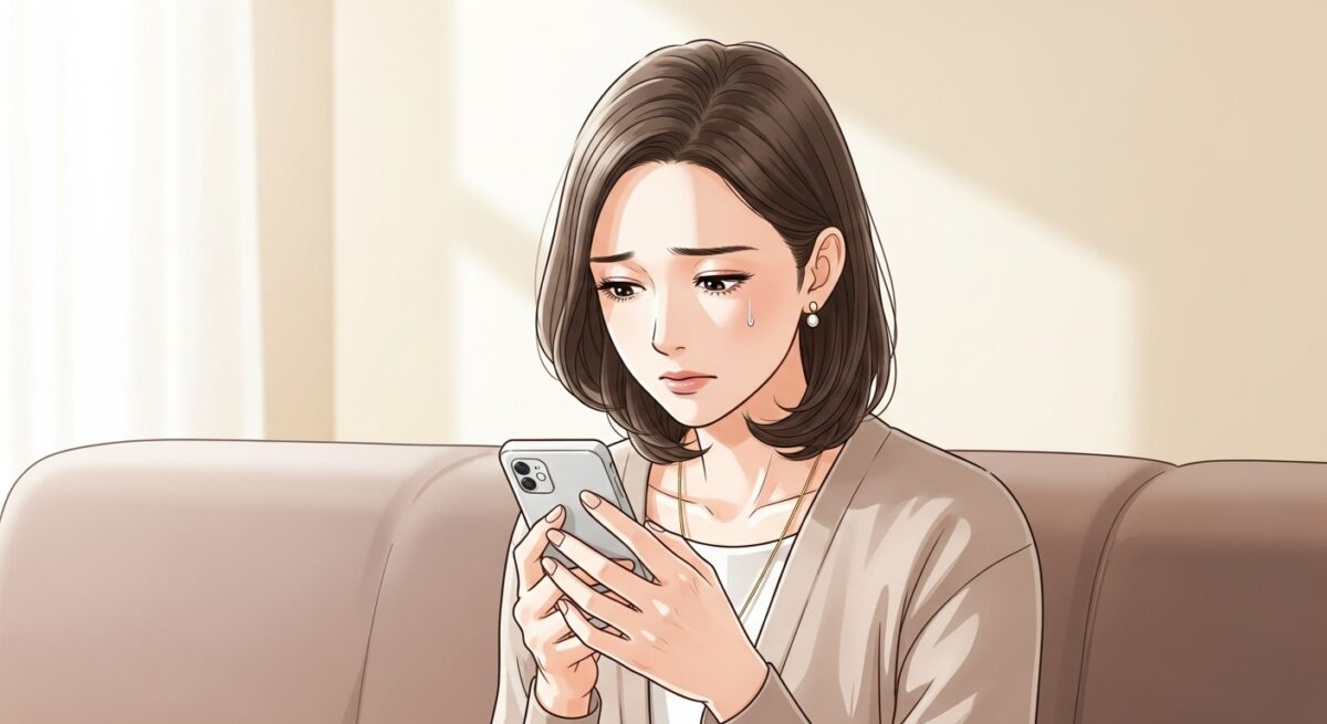 スマホを見つめながら切なげに思いを馳せる日本人女性。復縁を願いながらも冷静さを保とうとする姿。