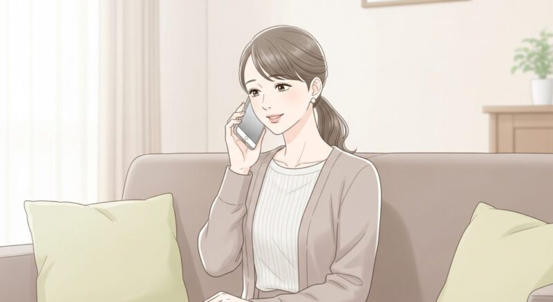 電話で相談しながら、安心した表情を見せる日本人女性。