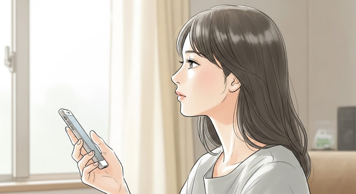 スマホを手に少し寂しそうな表情を浮かべる日本人女性が、窓辺から差し込む柔らかな光に包まれているイラスト。落ち着いた色調と繊細なタッチで描かれ、感情の揺れを静かに表現している。