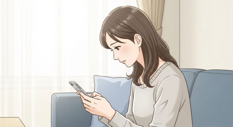 スマホ画面を見つめてうつむく日本人女性が、心の動揺を感じている様子を静かに描いたイラスト。柔らかな室内光が差し込み、落ち着いたトーンで感情を表現。