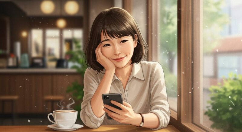 カフェの窓際でスマホを操作しながら、穏やかな笑みを浮かべる日本人女性のイラスト。SNSを楽しむ姿を繊細なタッチで表現。