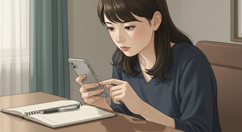 スマホ画面を慎重に確認している日本人女性のイラスト。真剣な表情と落ち着いた室内背景が印象的。