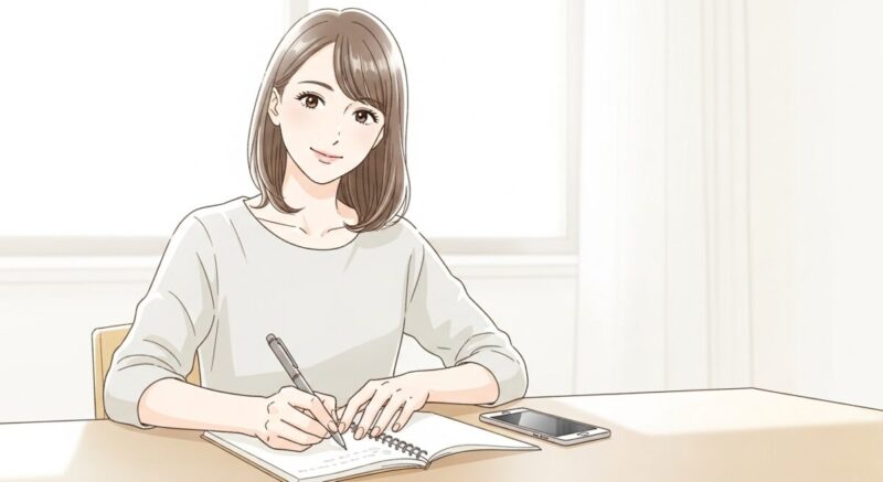ノートにペンを走らせながら、スマホもそばに置き、未来の計画を立てている日本人女性のイラスト。前向きな雰囲気が漂う。