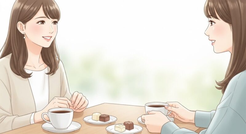 友人とカフェで笑顔を交わす日本人女性のイラスト。柔らかな色使いで、前向きな変化を感じさせる。
