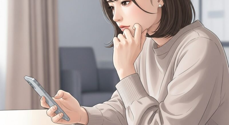 スマホをテーブルに伏せ、少し考え込むように顎に手を添える日本人女性のイラスト。慎重さを感じさせる構図。