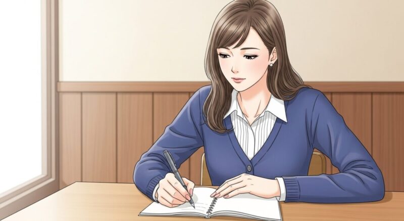 カフェでノートに書き込みながら、自分を見つめ直す日本人女性。