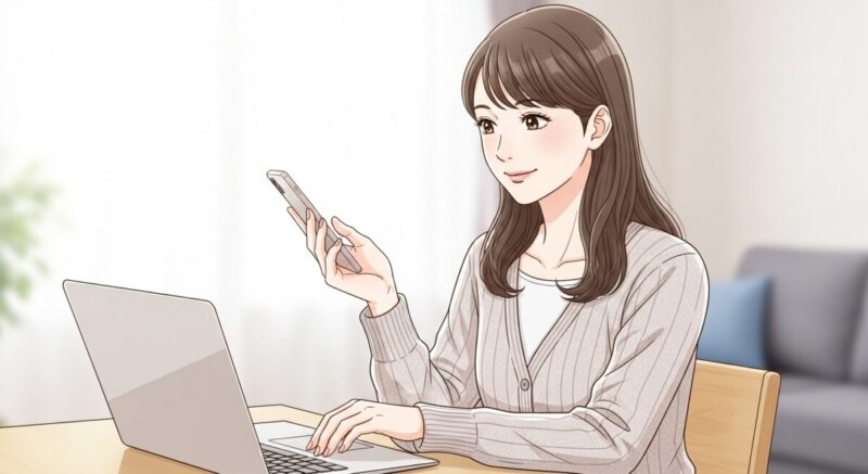 パソコンを前に、SNS投稿をしながら微笑む日本人女性。