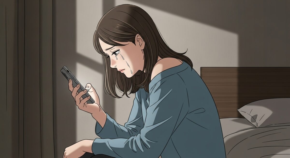 スマホを見てショックを受け、涙ぐむ日本人女性。