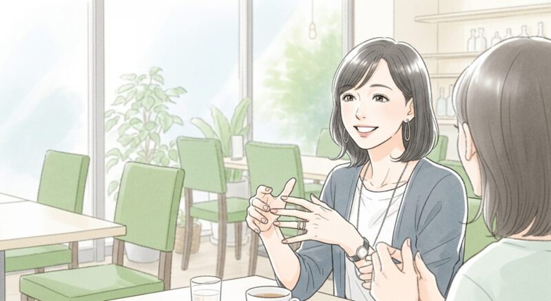 カフェで友人と楽しそうに会話しながら笑顔を見せる日本人女性。