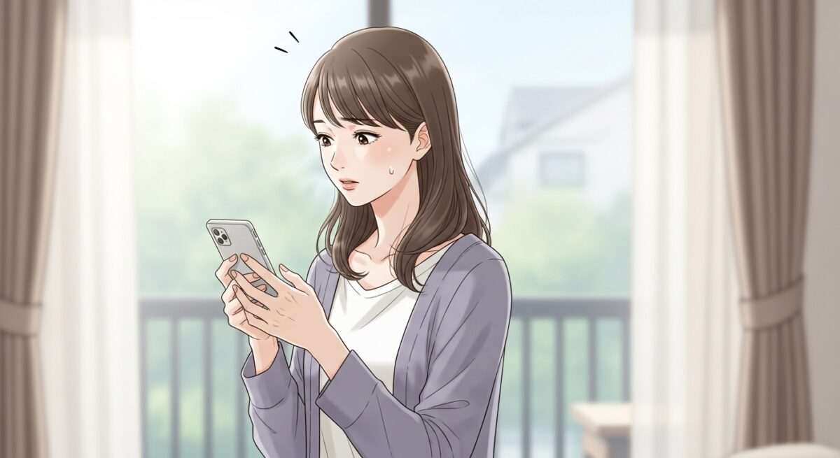 スマホを手に持ち、不安そうに画面を見つめる日本人女性のイラスト。落ち着いた色調で柔らかい雰囲気。