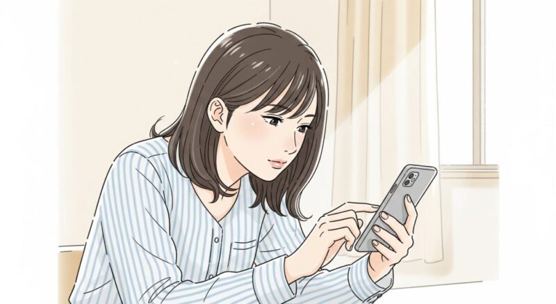 LINEブロックを疑い、スマホを慎重に操作する日本人女性のイラスト。