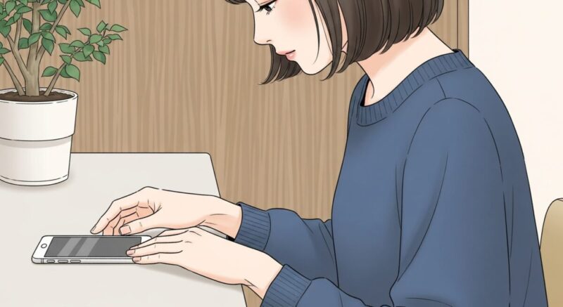 冷静に気持ちを落ち着けながらスマホを置く日本人女性のイラスト。