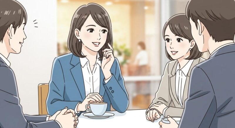 職場やカフェで自然に会話する日本人女性のイラスト。