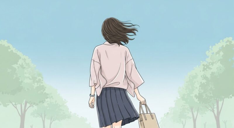 前向きな表情で歩き出す日本人女性のイラスト。