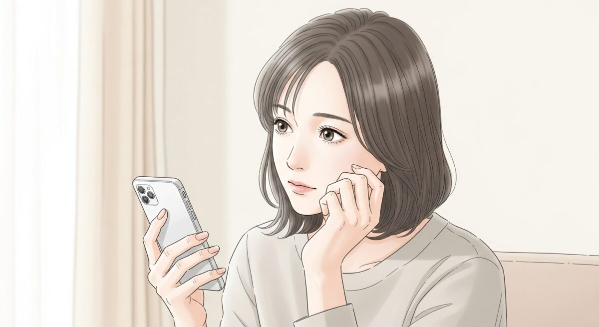 スマホを手に静かに反省の言葉を考えている日本人女性のイラスト